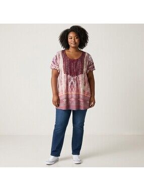 World Unity Blouse Women XL Pink Geometric Short Sleeve Round Neck Casual